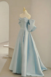 Blue Satin Long Prom Dress with Big Bow, Blue A-Line Evening Party Dress