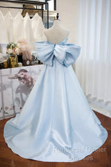 Blue Satin Spaghetti Strap Long Semi Formal Prom Dress With Big Bow, Blue A-Line Evening Party Dress