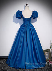 Blue Satin V-Neckline Short Sleeves Long Formal Dress, Blue Satin Semi Formal Prom Dress