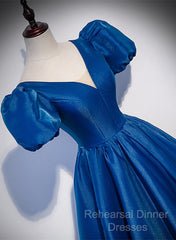 Blue Satin V-Neckline Short Sleeves Long Formal Dress, Blue Satin Semi Formal Prom Dress