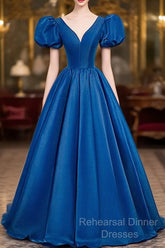 Blue Satin V-Neckline Short Sleeves Long Formal Dress, Blue Satin Semi Formal Prom Dress