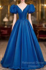 Blue Satin V-Neckline Short Sleeves Long Formal Dress, Blue Satin Semi Formal Prom Dress