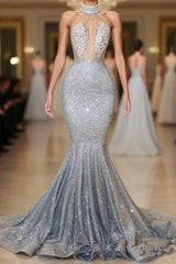 Blue Sequins Backless Long Mermaid Crystal Beaded Semi Formal Prom Dress