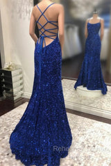 Blue Sequins Long Semi Formal Prom Dress Mermaid Evening Dress