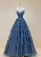 Blue Shiny Tulle Long Beaded A-line Prom Dress, Blue Floor Length Party Dress