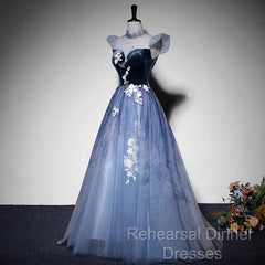 Blue Short Sleeves Tulle With Lace Long Party Dress, Blue Formal Gowns