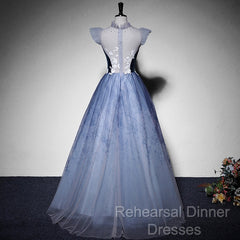 Blue Short Sleeves Tulle With Lace Long Party Dress, Blue Formal Gowns