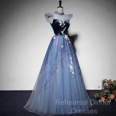 Blue Short Sleeves Tulle With Lace Long Party Dress, Blue Formal Gowns