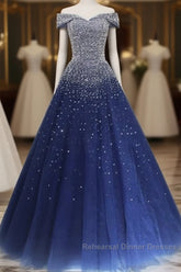 Blue Sparkle Off Shoulder Ball Party Dress Handmade Beaded Party Dress Elegant Semi Formal Prom Dress Evening Dress