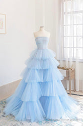 Blue Strapless Tulle Layers Long Prom Dress, A-Line Evening Dress