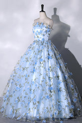 Blue Strapless Tulle Long Prom Dress, A-Line Evening Dress Party Dress