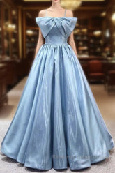 Blue Sweet A-Line Spaghetti Strap Satin Long Semi Formal Prom Dress Evening Party Dress