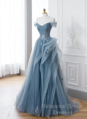 Blue Sweetheart Tulle Layers Long Formal Dress, Blue Long Party Dress Semi Formal Prom Dress