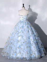 Blue Tulle 3 D Applique Long Semi Formal Prom Dress, Blue Formal Evening Dress