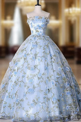 Blue Tulle 3 D Applique Long Semi Formal Prom Dress, Blue Formal Evening Dress