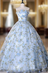 Blue Tulle 3 D Applique Long Semi Formal Prom Dress, Blue Formal Evening Dress