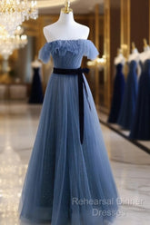 Blue Tulle A-Line Off Shoulder Long Party Dress, Blue Scoop Semi Formal Prom Dress Evening Dress