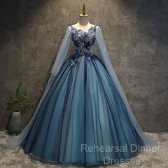 Blue Tulle Ball Gown Long Sweet 16 Dress With Lace Applique, Semi Formal Prom Dress