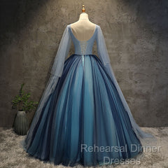 Blue Tulle Ball Gown Long Sweet 16 Dress With Lace Applique, Semi Formal Prom Dress
