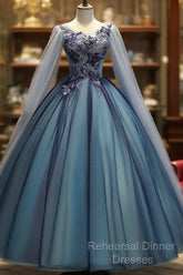 Blue Tulle Ball Gown Long Sweet 16 Dress With Lace Applique, Semi Formal Prom Dress