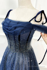 Blue Tulle Beaded Long A-Line Prom Dress, Blue Spaghetti Straps Evening Dress