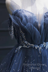 Blue Tulle Beaded Long Senior Semi Formal Prom Dress, A-Line Layers Beaded Long Evening Party Dress