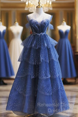 Blue Tulle Beaded Long Senior Semi Formal Prom Dress, A-Line Layers Beaded Long Evening Party Dress