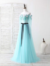 Blue Tulle Beads Long Prom Dress Blue Beads Evening Dress