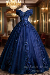 Blue Tulle Lace Long A-Line Ball Gown, Off The Shoulder Evening Party Dress