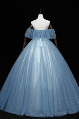 Blue Tulle Lace Long A-Line Ball Gown, Off the Shoulder Formal Evening Gown