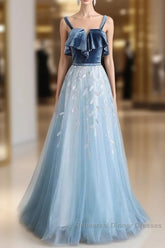 Blue Tulle Lace Long Semi Formal Prom Dress, Blue Tulle Long Evening Dress