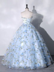 Blue Tulle Lace Long Prom Dresses, Ball Gown Blue Sweet 16 Dresses
