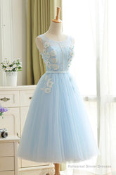 Blue Tulle Lace Short Prom Dress, A-Line Homecoming Party Dress