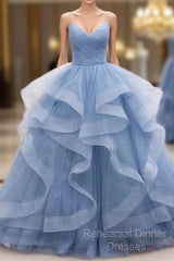 Blue Tulle Layers Long Party Dress Semi Formal Prom Dress, Beautiful Sweet 16 Dresses