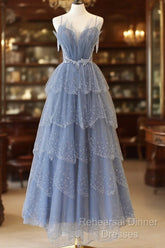 Blue Tulle Layers Straps Beaded Long Semi Formal Prom Dress, Blue A-Line Evening Dress