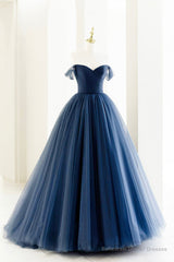 Blue Tulle Long A-Line Prom Dress, Off the Shoulder Formal Evening Dress