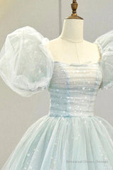 Blue Tulle Long A-Line Prom Dress with Sequins, Lovely Puff Sleeve Evening Gown