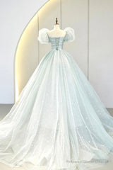 Blue Tulle Long A-Line Prom Dress with Sequins, Lovely Puff Sleeve Evening Gown