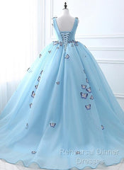 Blue Tulle Long Party Dress With Butterfly, Gorgeous Sweet 16 Dresses
