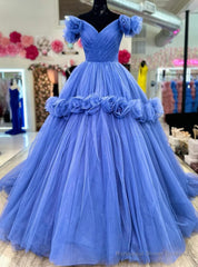 Blue Tulle Off the Shoulder Pleats Flower Prom Dress