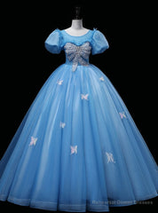 Blue Tulle Puff Sleeve Beading Quinceanera Dress