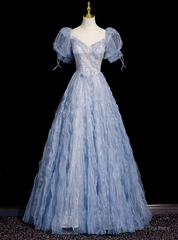 Blue Tulle Puff Sleeve Sequins Beading Prom Dress