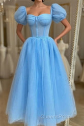 Blue Tulle Puffy Sleeve Midi Dress