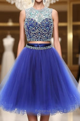 Blue two pieces tulle sequin beads short Semi Formal Prom Dresses, blue homecoming