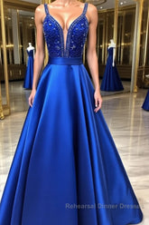 Blue v neck beads satin long Semi Formal Prom Dresses, blue evening Dresses