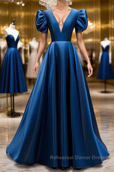 Blue v neck satin long Semi Formal Prom Dresses blue satin evening Dresses