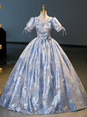 Blue V-neck Short Sleeve Belt Quinceanera Dress