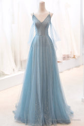 Blue V-Neck Tulle Long Prom Dress, A-Line Spaghetti Strap Evening Dress