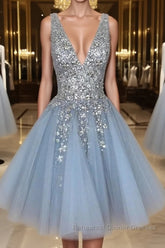 Blue v neck tulle sequin short Semi Formal Prom Dresses, blue homecoming Dresses
