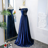 Blue Velvet Beaded Elegant Off Shoulder Evening Dress, Blue Long Prom Dress Party Dress